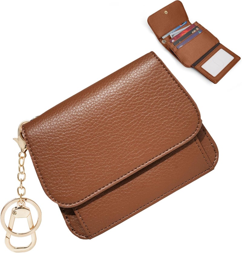 Sunpour Women Small Wallet RFID Blocking Slim Wallet with Coin Pocket Tri-Fold Credit Card Holder with ID Window and Keychain (Dark Brown) - Image 1